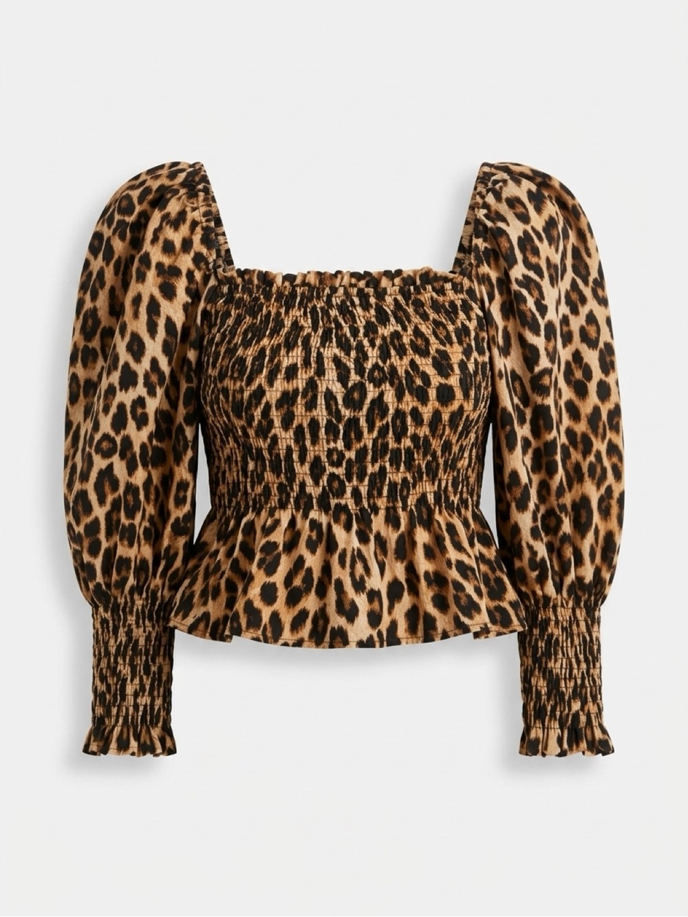 Leopard Print Smocked Peplum Top - Brown